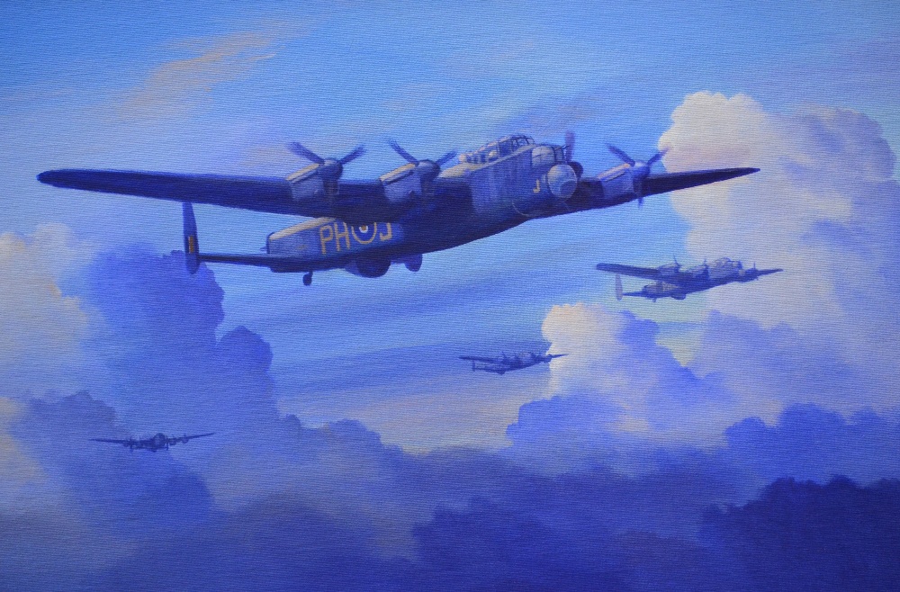 Mark Postlethwaite - Lancaster bombers above clouds, oil on board, 45 x 65 cm