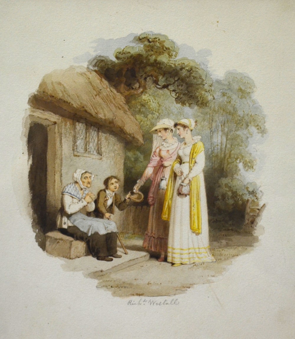 Richard Westall - The Visitors, watercolour, signed, 18.5 x 16.5 cm