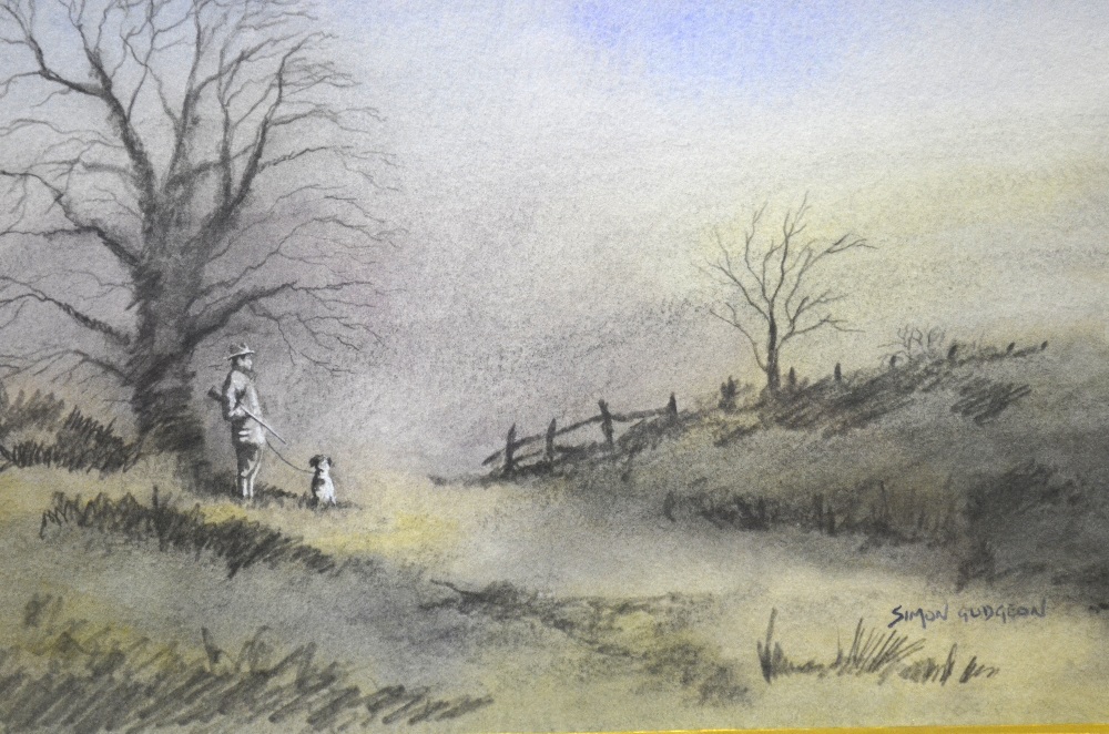 Simon Gudgeon - Man and his dog in a misty landscape, pencil, signed, 18 x 27 cm and Henry Wilkinson