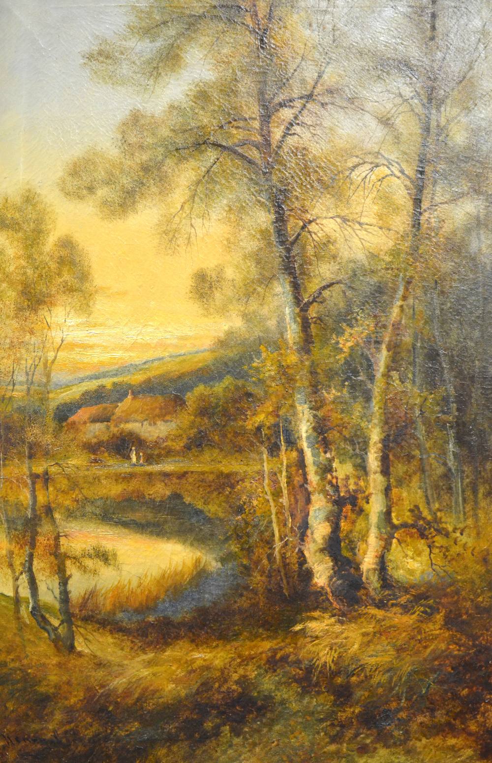 Henry Cooper? - An autumnal landscape with tall trees, figures and cottages in background, oil on