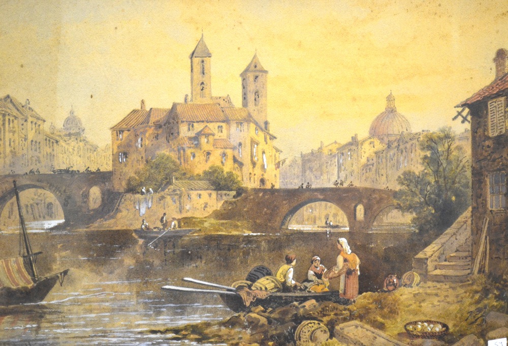 A. McArthur - A continental river scene, watercolour, signed, 37 x 50 cm Condition Report