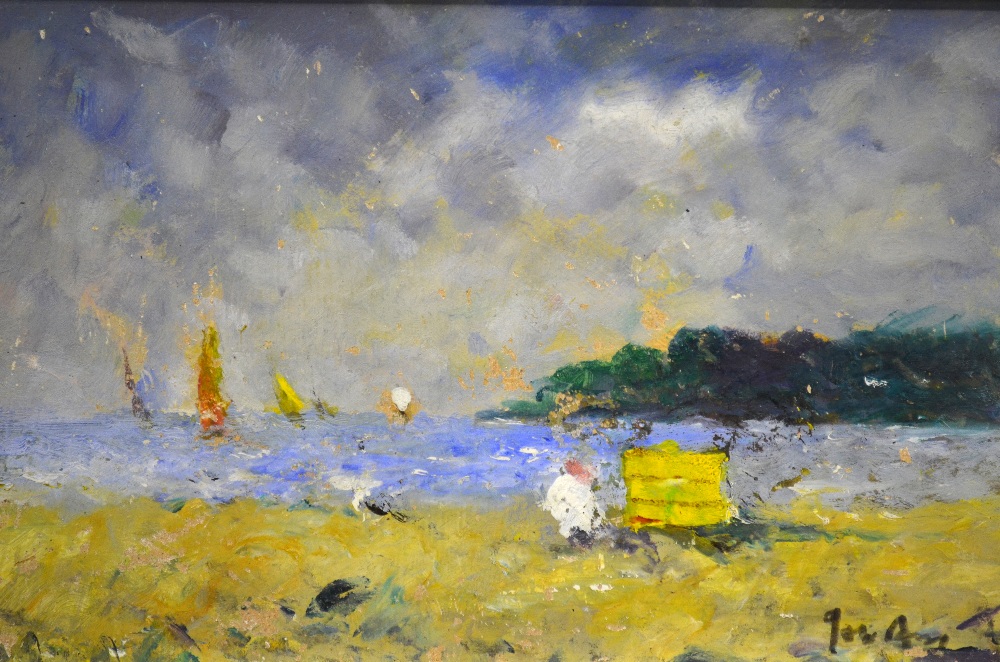 ** John Ambrose (b. 1931) - Impressionistic estuary scene with figures on the beach and yachts on