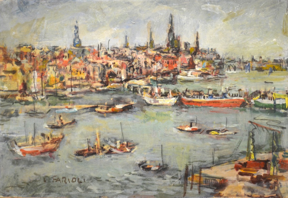 G. Farioli - A busy Continental harbour scene, oil on card, signed, 14 x 20 cm