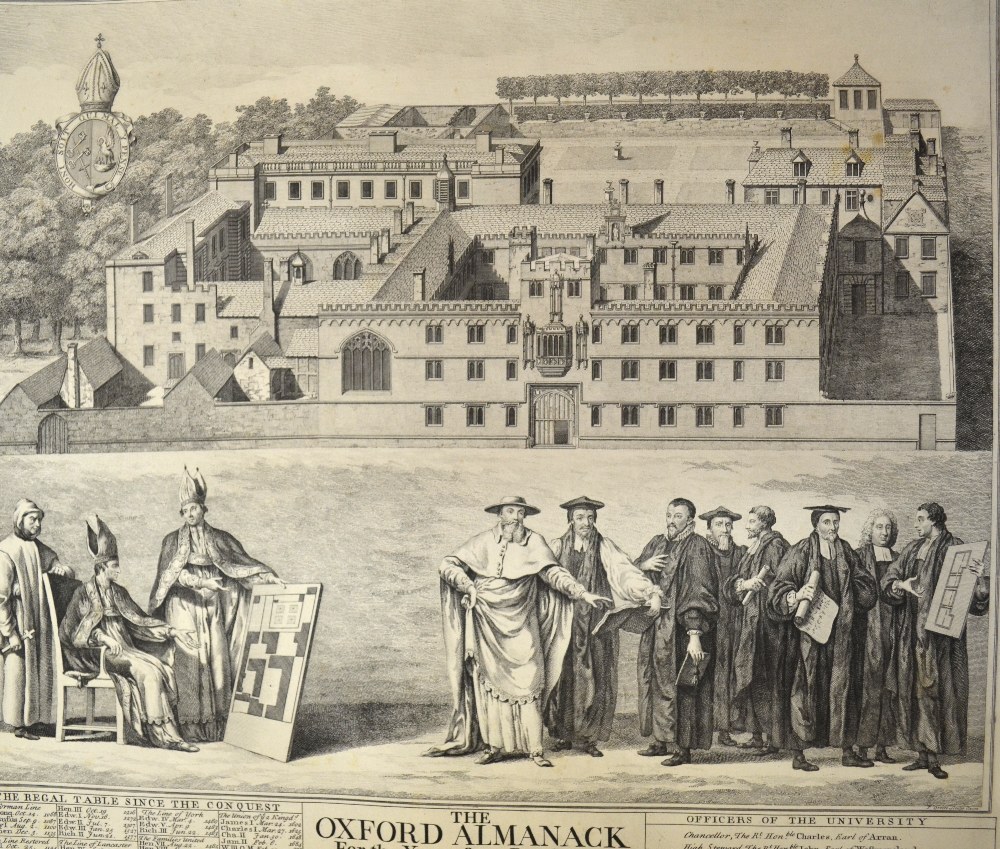 Two rolls of engravings of Oxford, including The Oxford Almanack, and a hand-coloured map etc