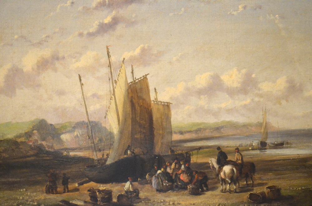 Roberts - A sea shore with boats and figures, 18th century, oil on canvas, inscription to back