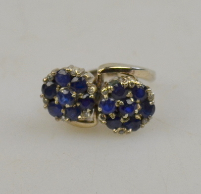 Sapphire and diamond double cluster crossover ring size M 1/2, white metal set stamped 9ct