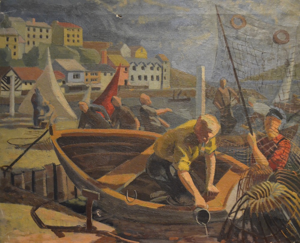 Manner of the Newlyn School - Fishermen mending nets, oil on canvas, 50 x 61 cm, circa 1930s