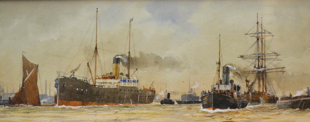 J.M. - Pair of studies of working boats on the Thames, watercolour with heightening, signed with