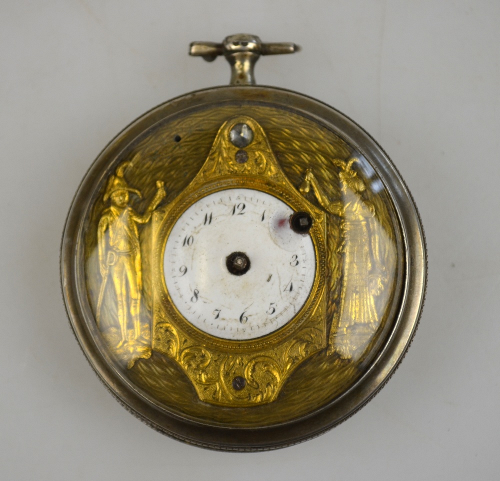 An early 19th century French white metal pocket watch with chain fusee movement, 22 mm enamel dial