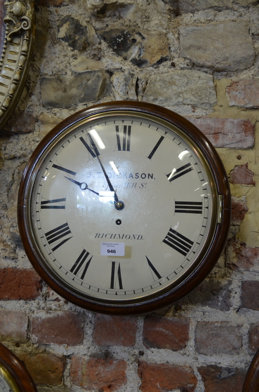 JT Dickason, Richmond, a 19th century mahogany cased dial clock, the 8 day, single fusee movement