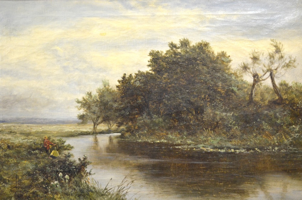 L. Richards - Rural landscape with fishermen at rivers edge, oil on canvas, signed, 50 x 75 cm