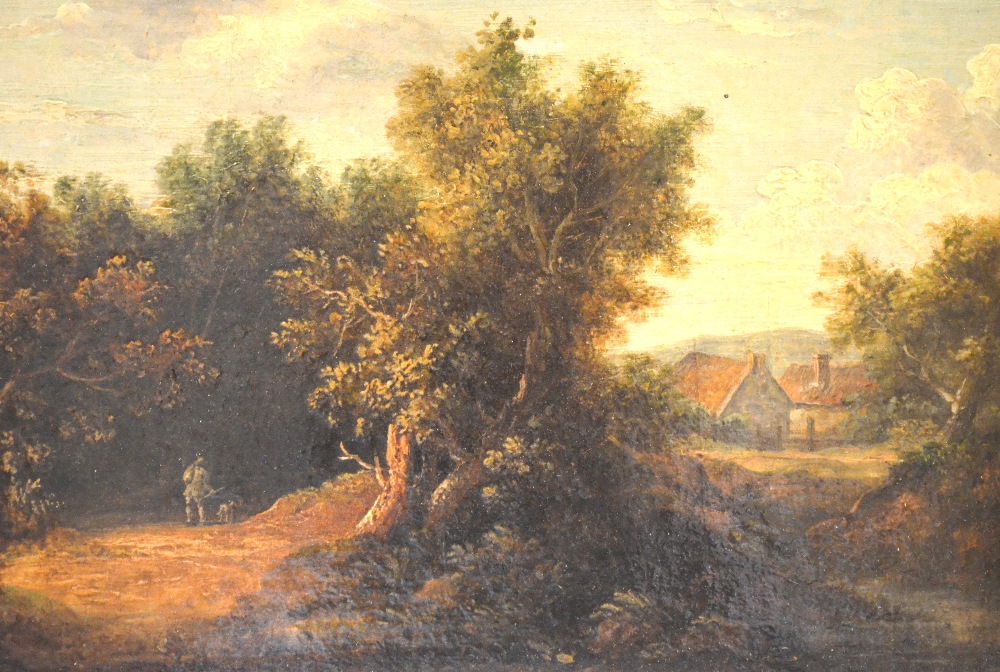 Early 19th century English school - A woodland lane with cottage, oil on panel, 17 x 25 cm