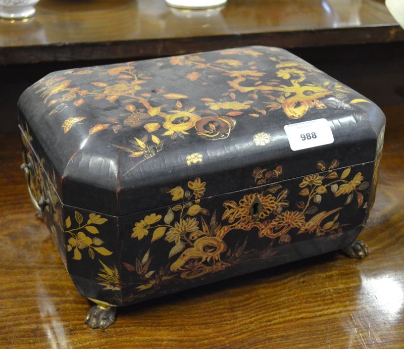 A late 19th century gilt decorated black lacquered Chinese caddy box, with a pair of fitted pewter