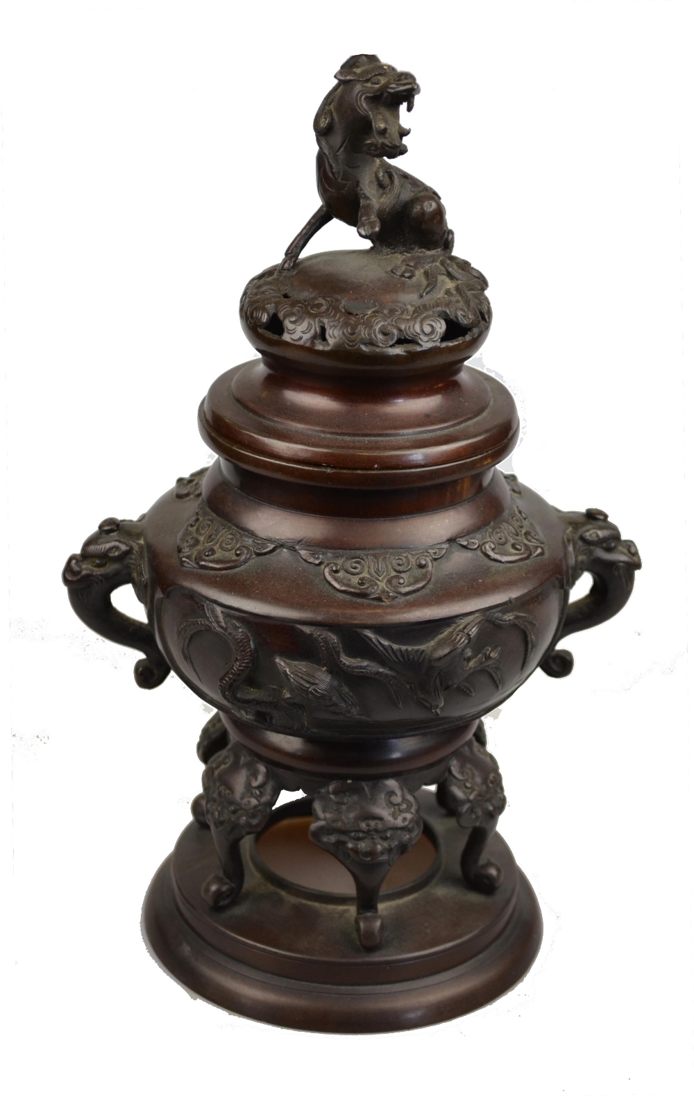 A Chinese brown patinated bronze koro, the pierced dome cover surmounted by a longma (mythical