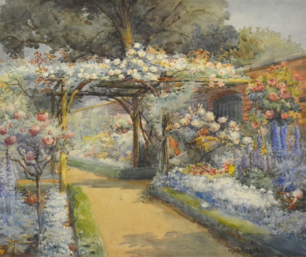 Thomas Kingston (1863-1929) - A summer garden with rose arbour and borders, watercolour, signed,