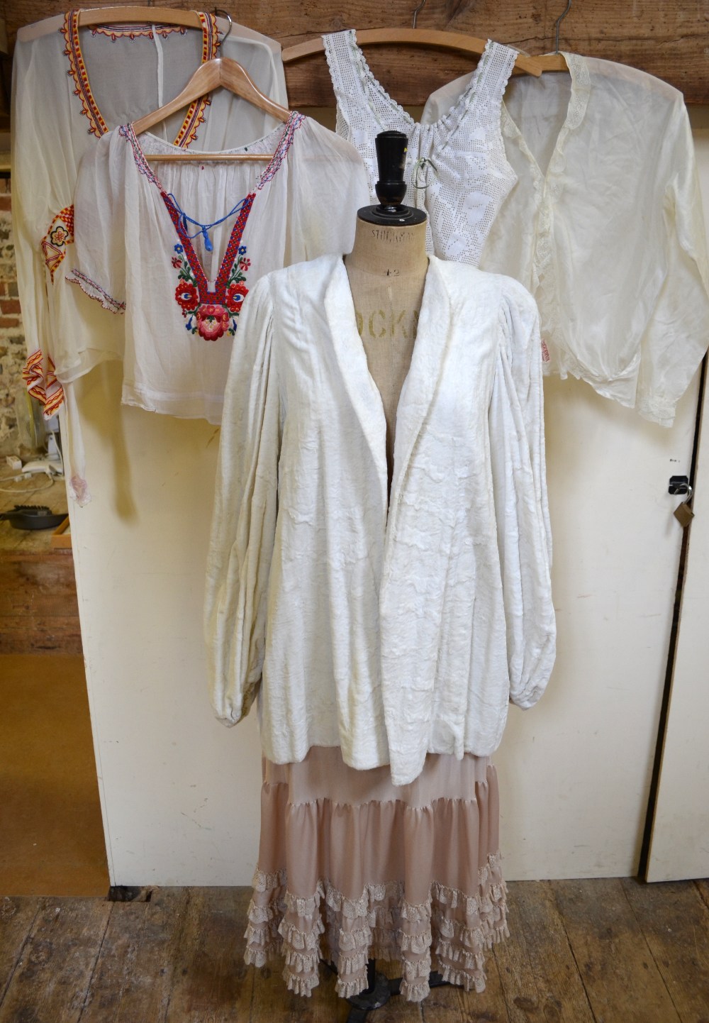 1920's white panne velvet jacket, 52 cm across chest, embroidered cream silk peasant blouse, an