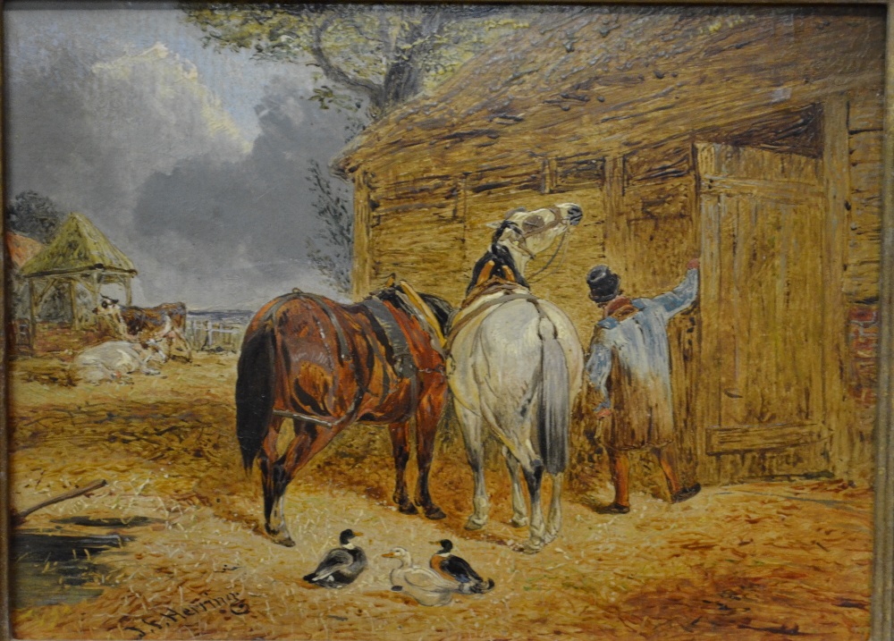 John Frederick Herring II (1815-1907) attrib - Farm horses with hand, returning to stable, oil on