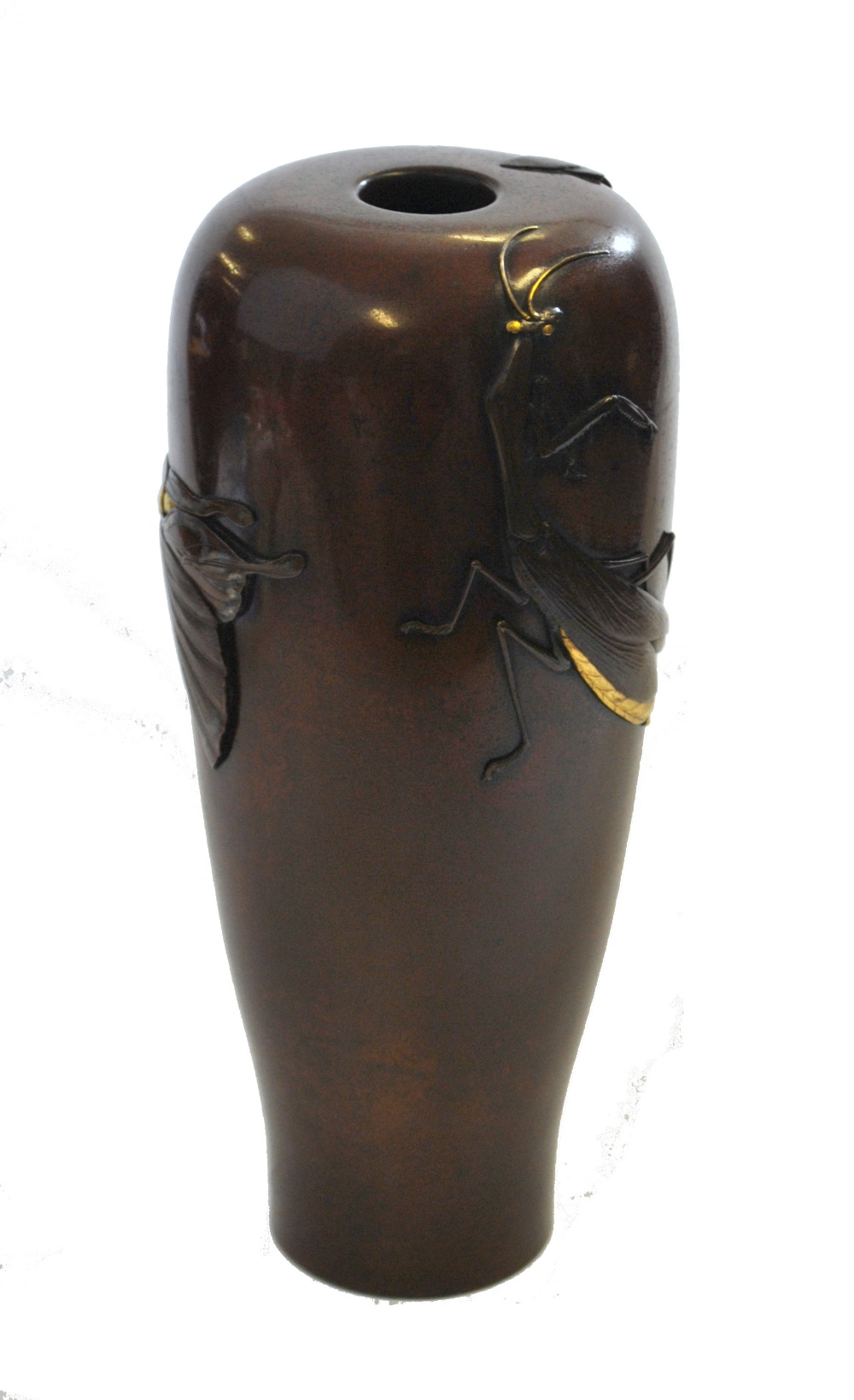 Japanese bronze cylindrical vase inlaid and on-laid with a preying mantis in copper and gold, a