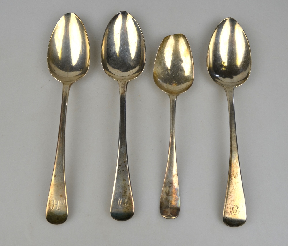 Four various Georgian silver OEP tablespoons, various makers and dates, 6.7 oz