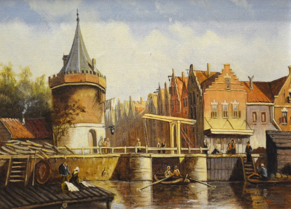 Leickert - A Dutch wharf scene, oil on canvas, circa 1970, indistinctly signed, 28 x 39 cm