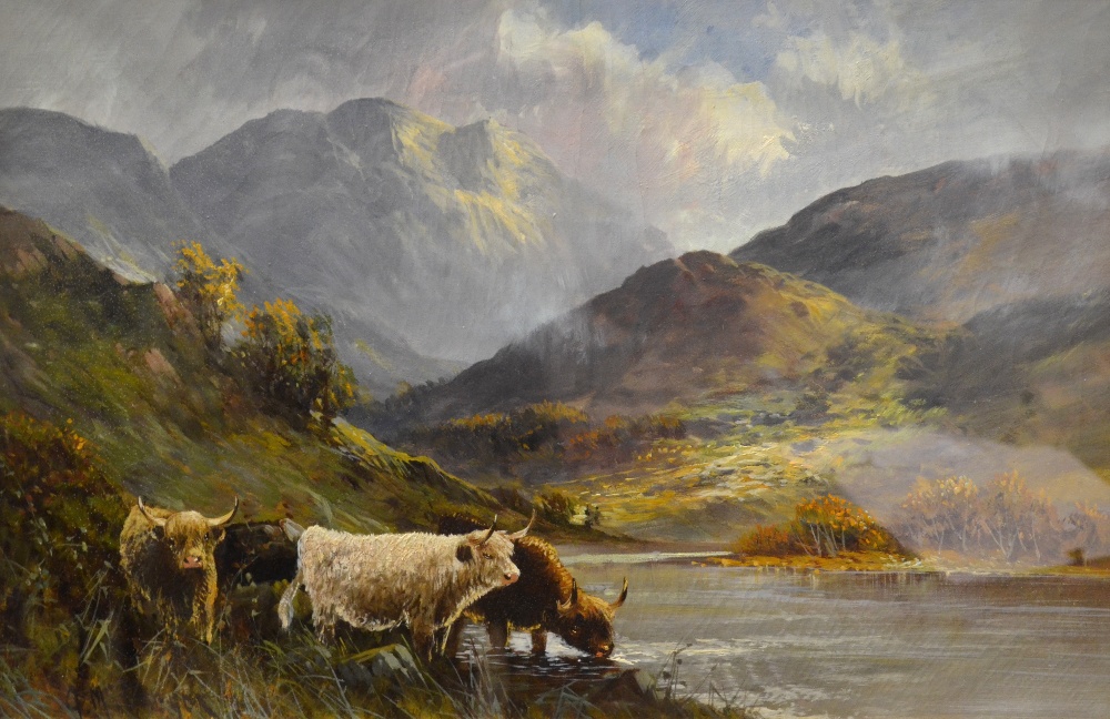 F.E. Jamieson - Loch with highland cattle, oil on canvas, signed, 38 x 59 cm Condition Report