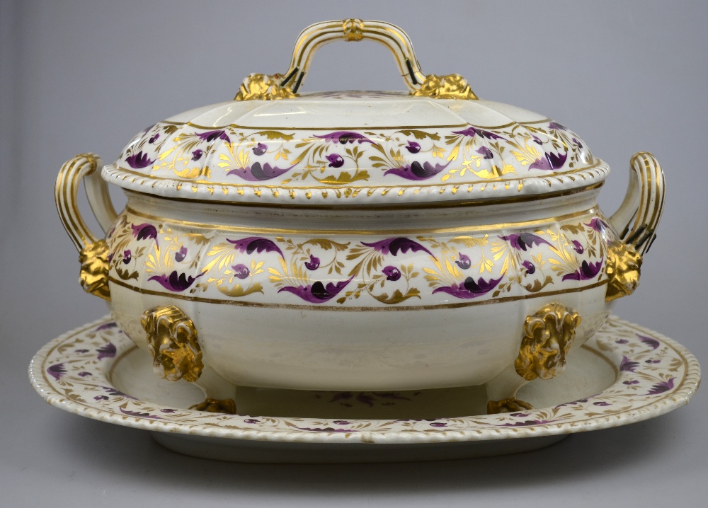 A Bloor Derby oval soup tureen, cover and stand decorated with a puce and gilt foliate band,