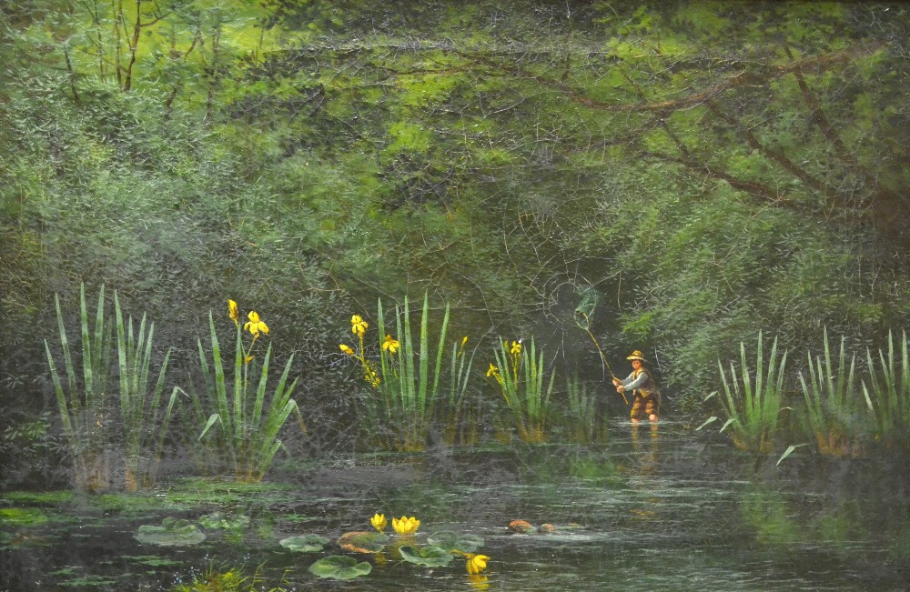 19th century English school - Fisherman amidst water lilies and irises, oil on canvas, 39 x 59 cm