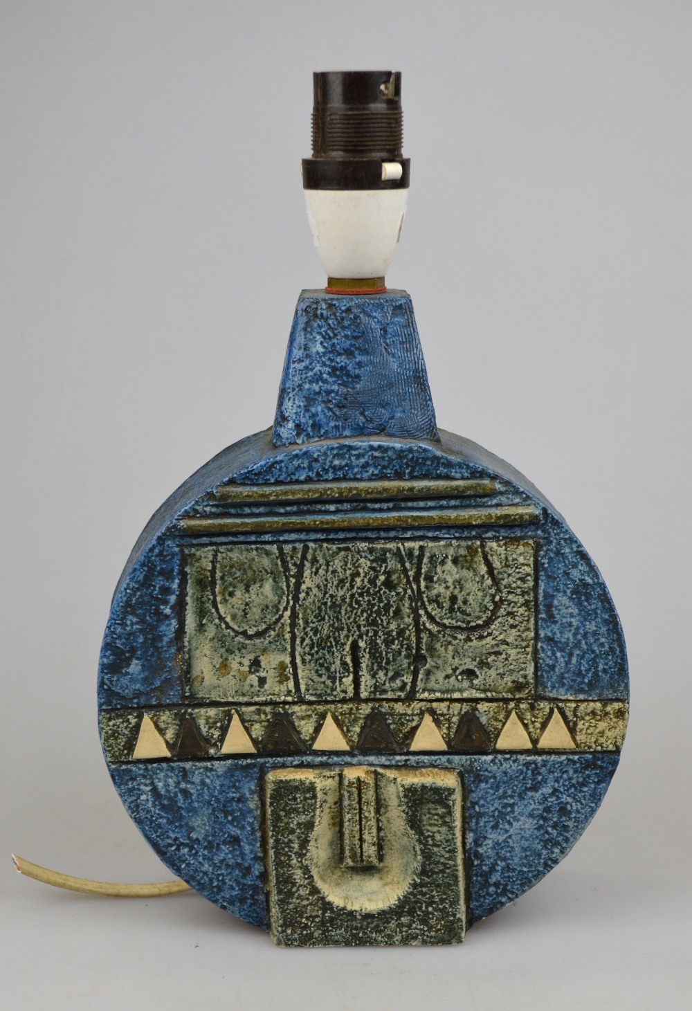 Troika Pottery wheel lamp base moulded with geometric designs on a blue ground, 20.5 cm excluding