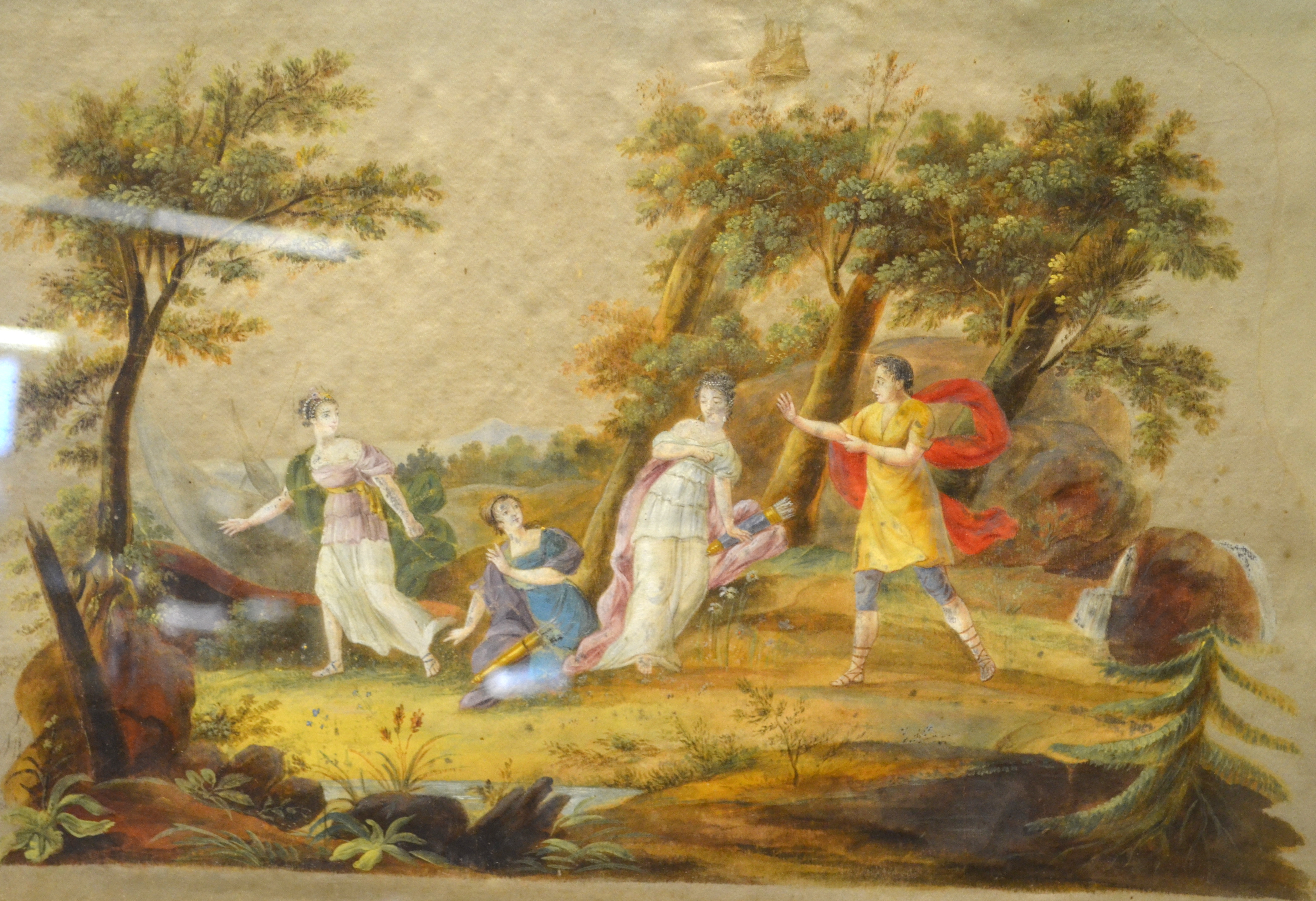 An 18th century French allegorical scene depicting three ladies and a gentleman in a woodland