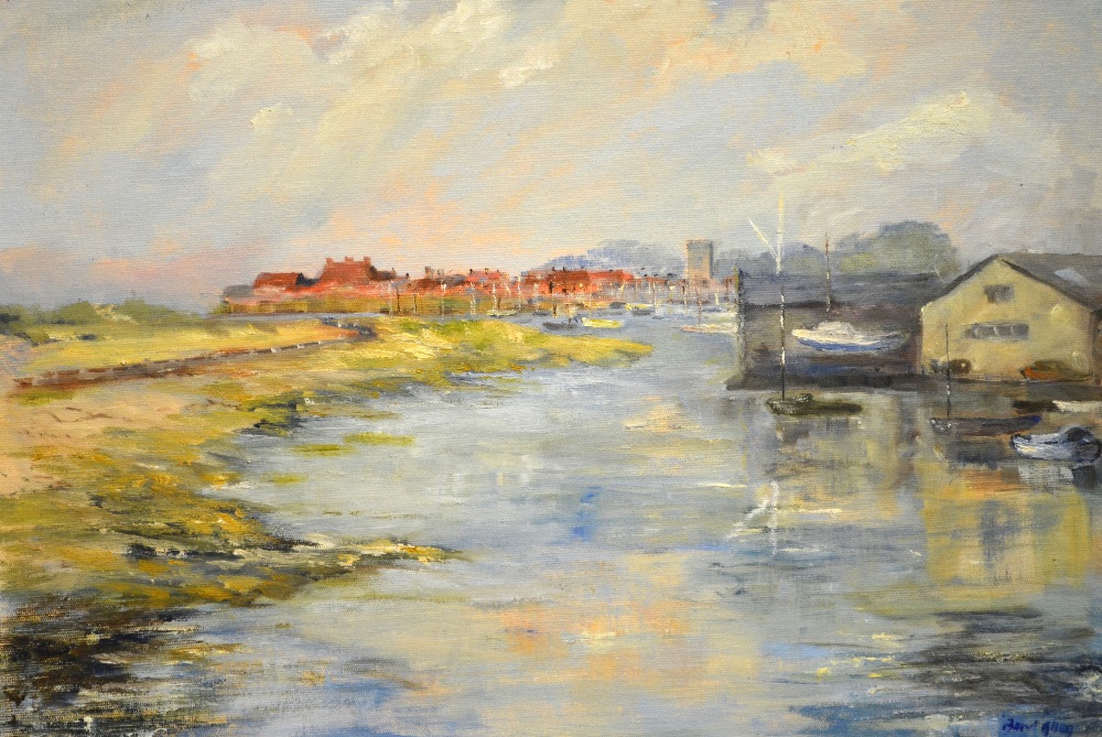 Beryl Allen - Estuary scene towards village, oil on board, signed, 35 x 45 cm