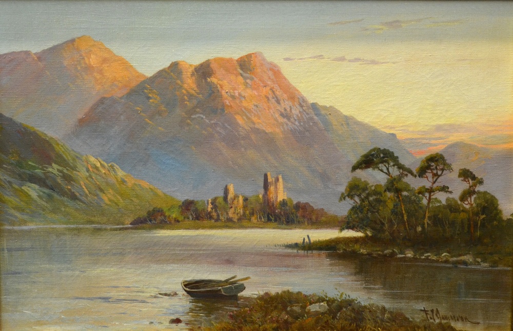 F.E. Jamieson (1895-1950) - 'Loch Awe, Kilchurn', loch with castle ruins and rowing boat to