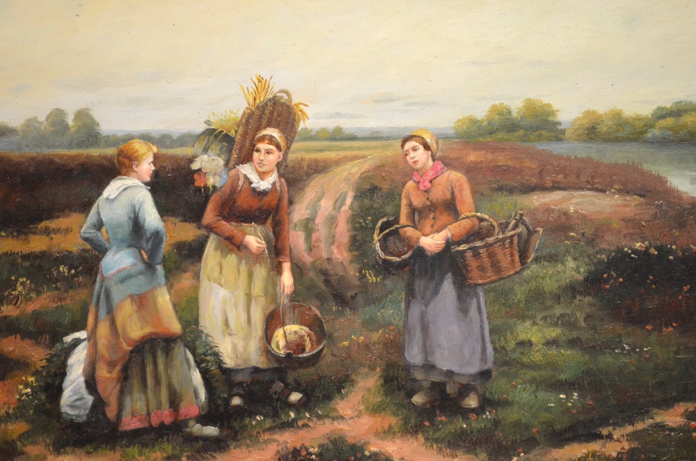 H. Vanlery? - Three women with baskets, oil on panel, indistinctly signed, 20 x 40 cm Condition