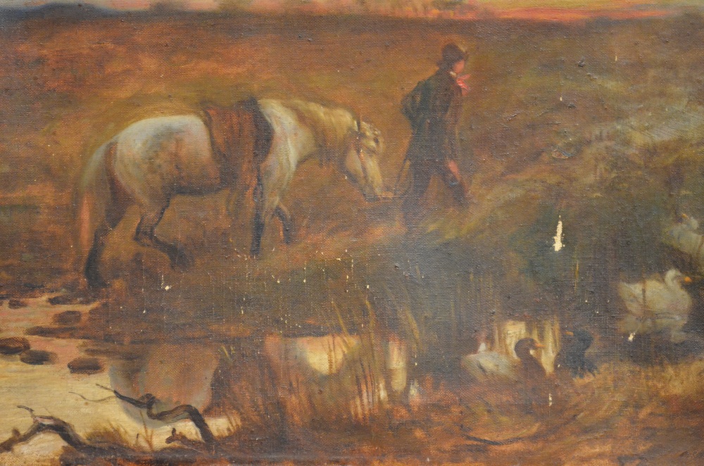 English school - Man leading a horse, oil on canvas, 30 x 46 cm; KWG Dampier - View of house, oil on