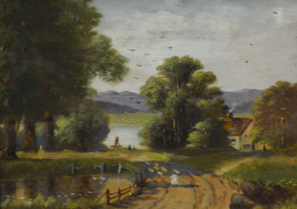 E. Leslie - A lakeland view, oil on panel, signed, 13 x 19 cm to/w a pastoral scene with lake