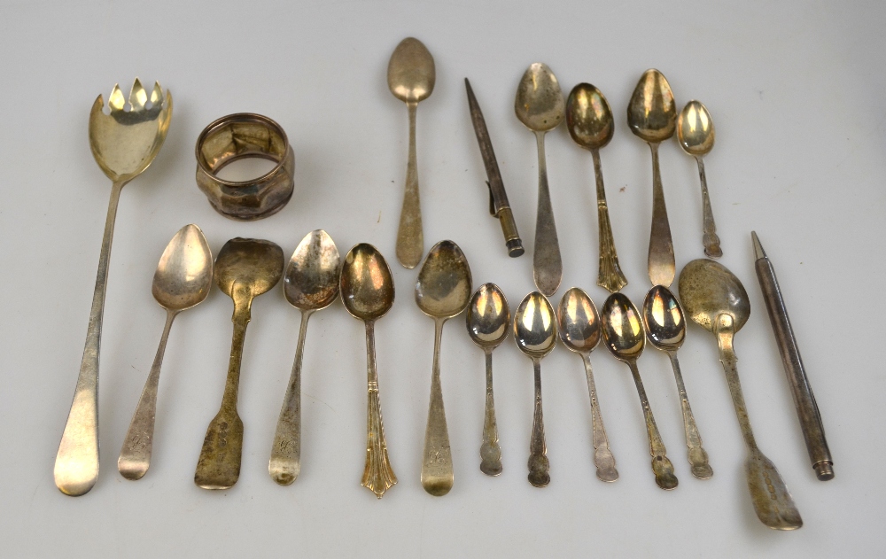 A set of silver coffee spoons, to/w various other spoons, a napkin ring and two unmarked