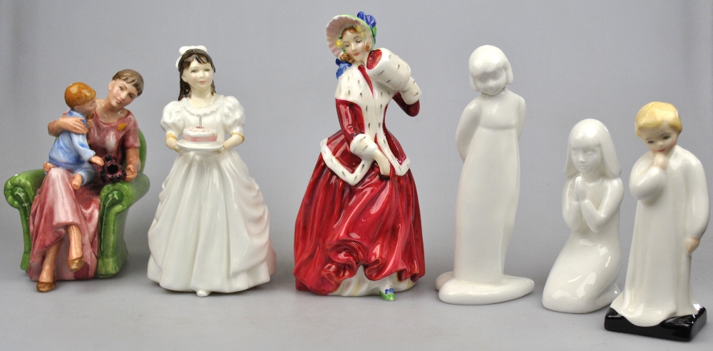 Six Royal Doulton figurines;  When I was Young, HN3457; Christmas Morn, HN1992; Birthday Girl,