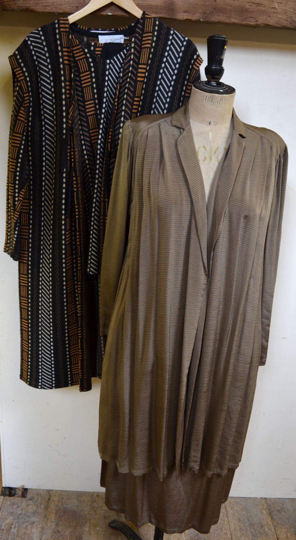 Bruce Oldfield ribbed mocha silk/wool long jacket and skirt (size 10) and an Elisa Cavaletti 1980'