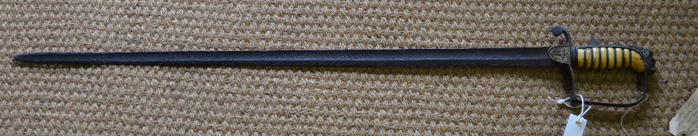 A Georgian period Naval officer's sword with heavily oxidised and pitted, 81 cm long, brass