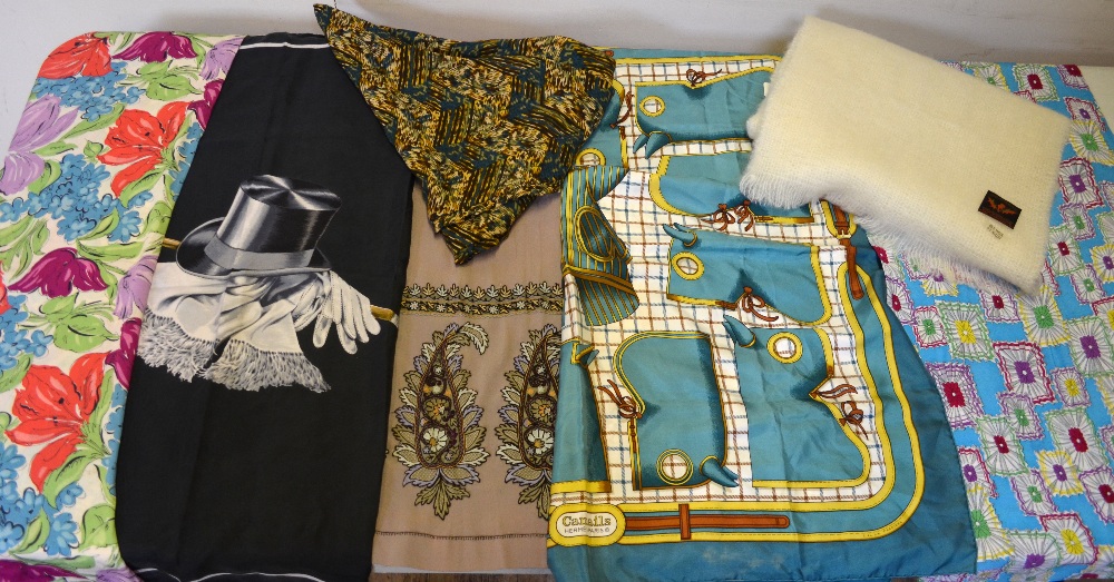 Mushroom crepe paisley embroidered scarf, a silk 'Camails Hermes' scarf, a 1930's silk crepe