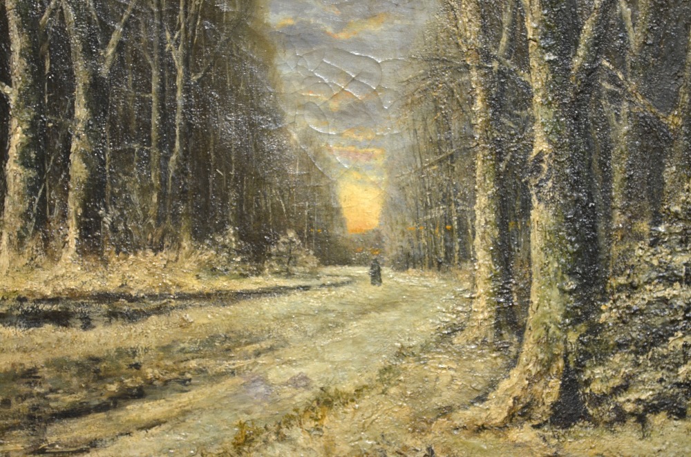 Johannes Sonnenberg - A wintery forest scene with long figure in distance, oil on canvas, signed, 48