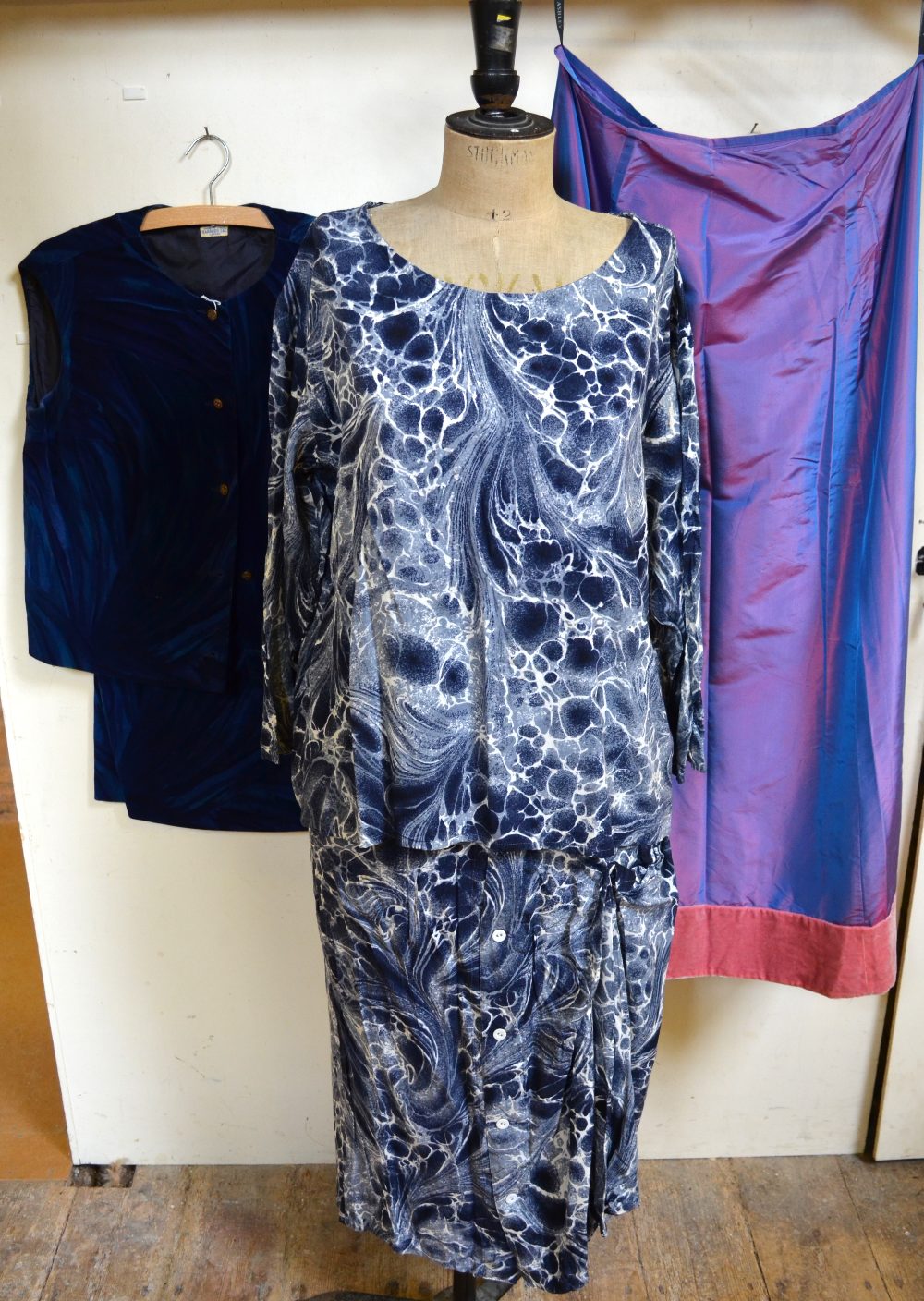 A Mohji Yamamoto grey/blue skirt and top (two-piece) (size M), a Laura Ashley shot silk blue/pink