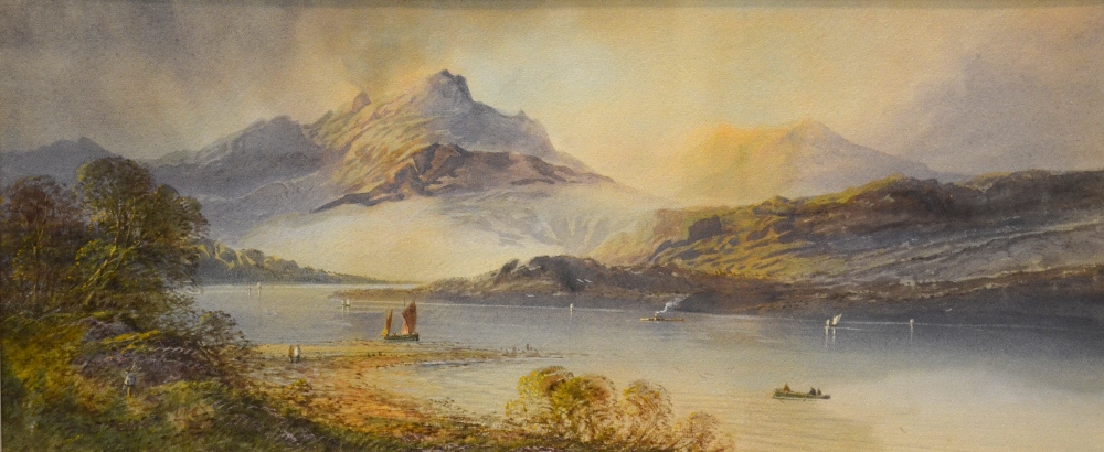 L. Lewis - A lakeland scene with distant mountains, watercolour, signed, 22.5 x 53.5 cm