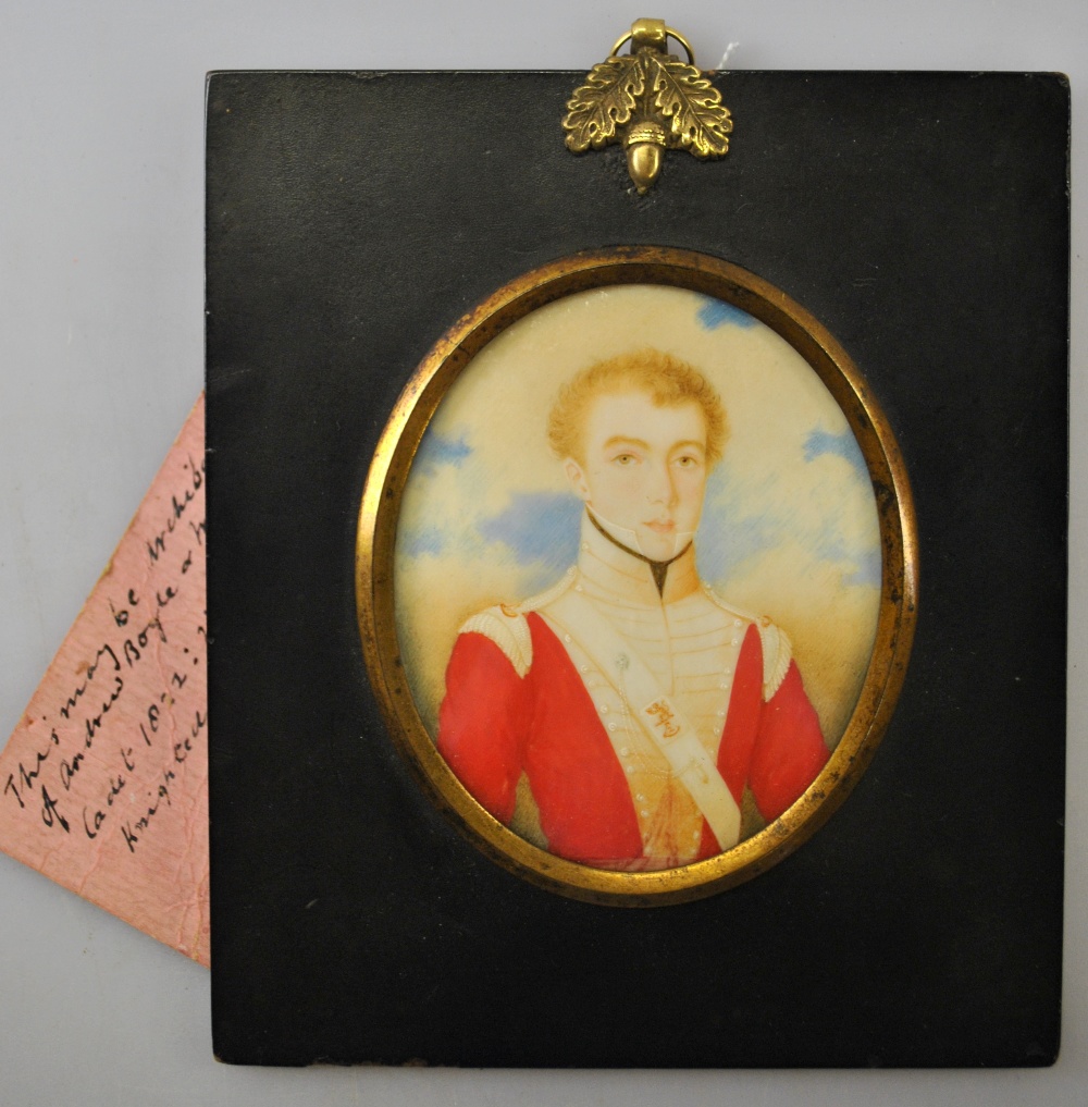 An early 19th century oval portrait miniature of a young army officer, possibly Archibald Bogle,