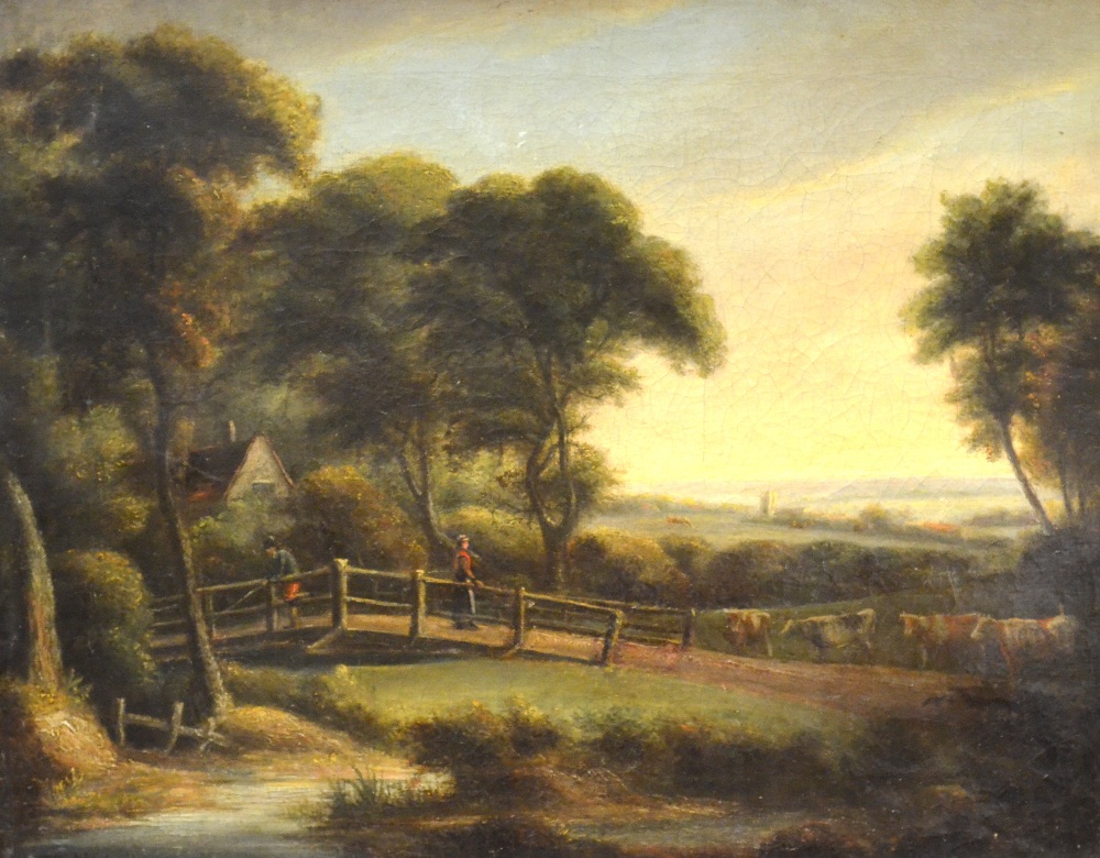 Horatio McCulloch (1806-67) - A pastoral landscape with figures crossing on bridge, signed, oil on