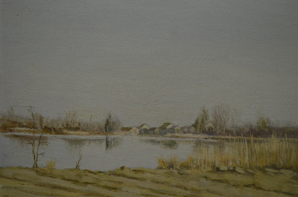 English school - Estuary scene with fishing shacks, oil on canvas, indistinctly signed, 24.5 x 34