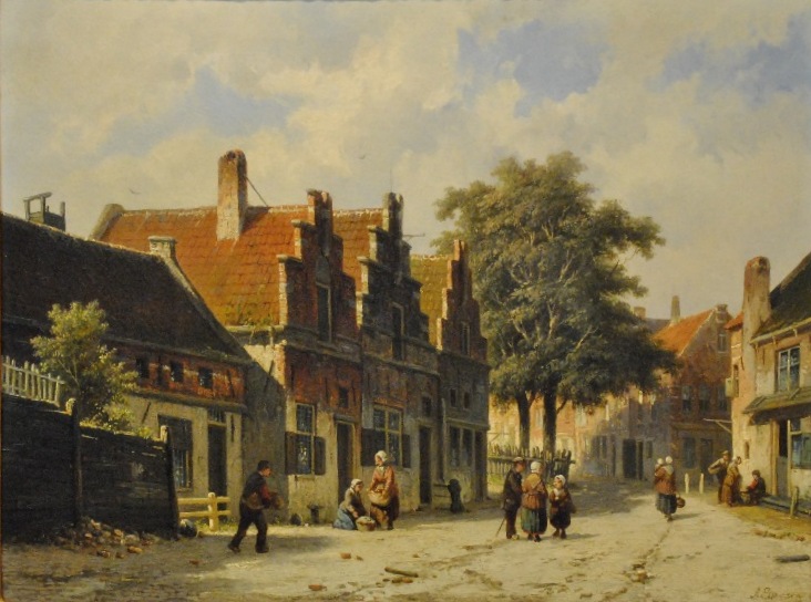 Adrianus Eversen (1818-1897) - A pair of Dutch town scenes, with figures in the street and gabled