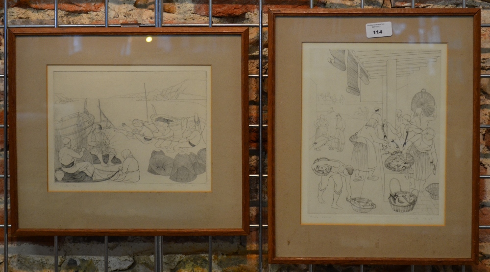 Cecile Reims - Two etchings 'Tossa de Mar', depicting mending nets and fish market, both pencil