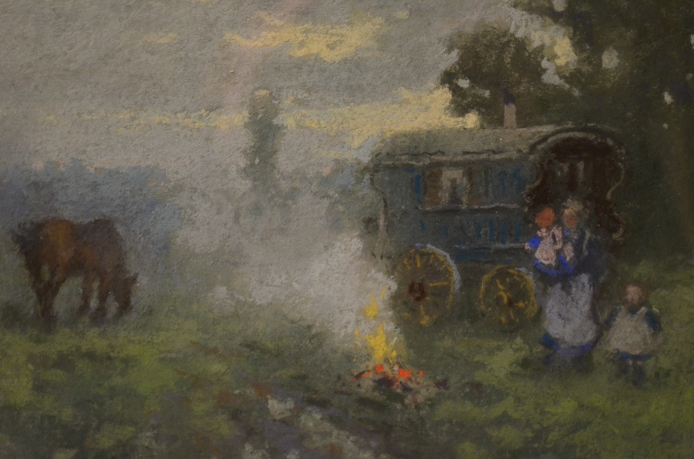 Reginald Jones (1857-1920) - 'A Caravan', Romany caravan with figures and fire, pastel, signed, 18 x
