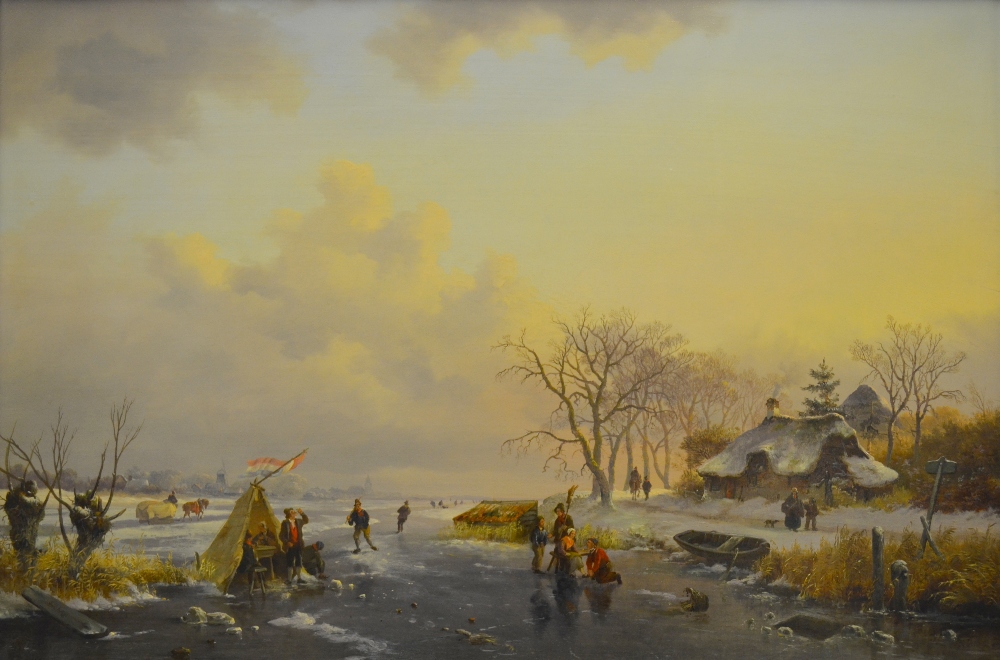 Frederick Marianus Kruseman (1816-1882) - Winter landscape with figures skating on a frozen river, a