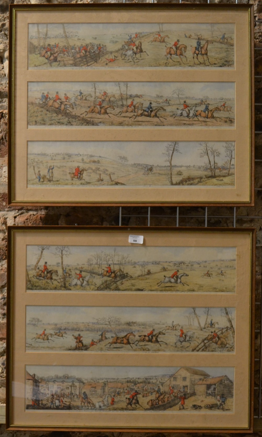 A set of six hand-coloured hunting engravings, framed as one, 51.5 x 61 cm each overall (2)